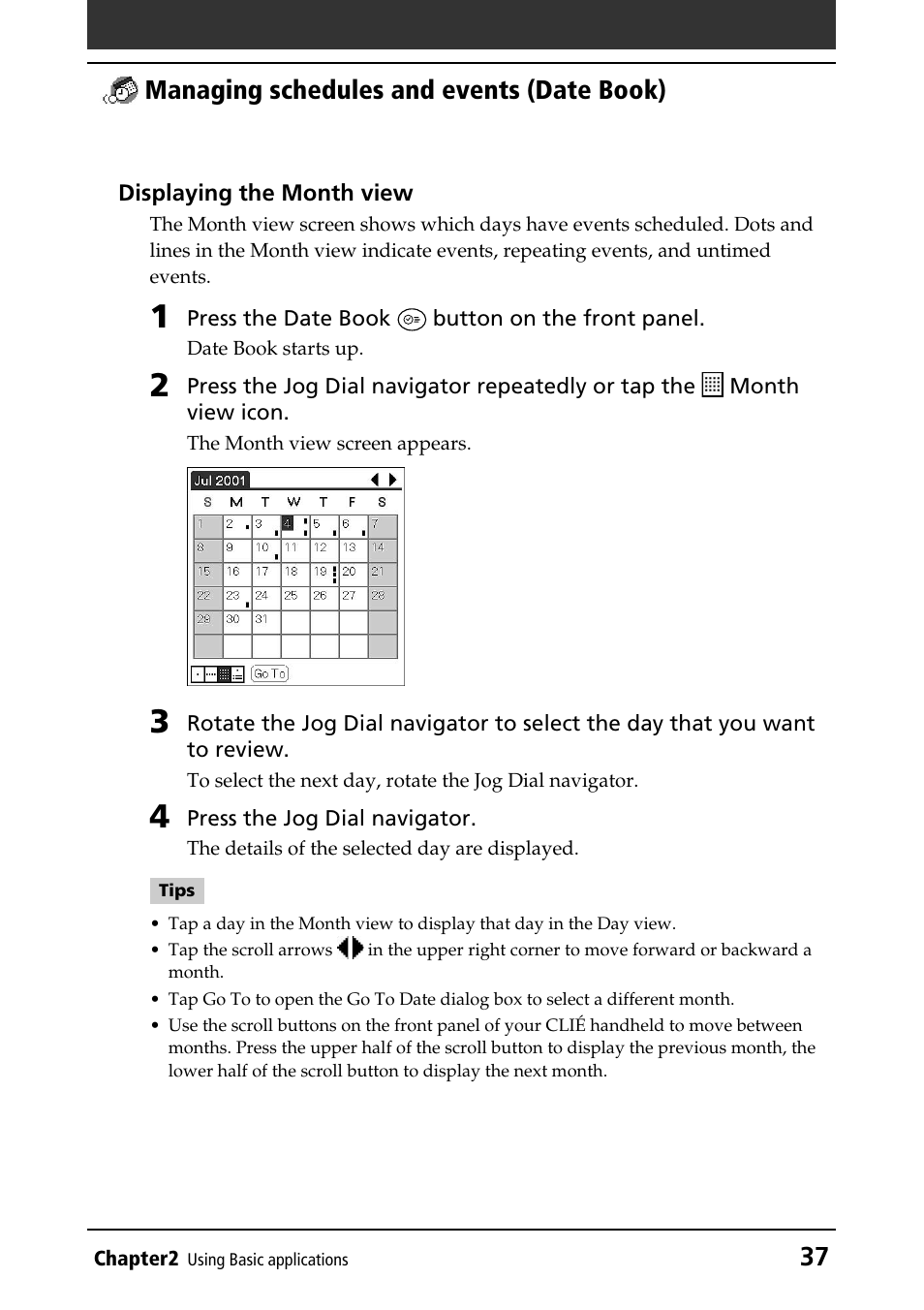 Month view, 37 managing schedules and events (date book) | Sony PEG-N760C User Manual | Page 37 / 232