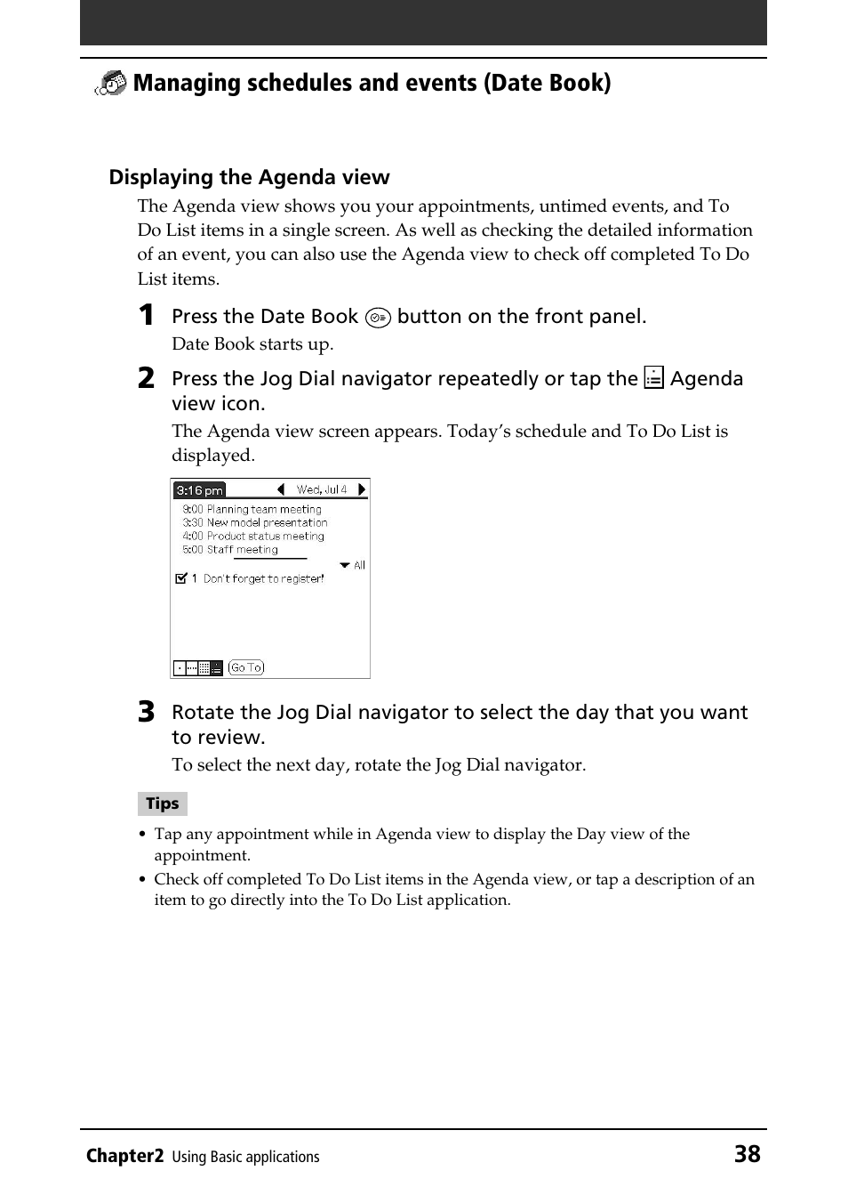 Agenda view, 38 managing schedules and events (date book) | Sony PEG-N760C User Manual | Page 38 / 232