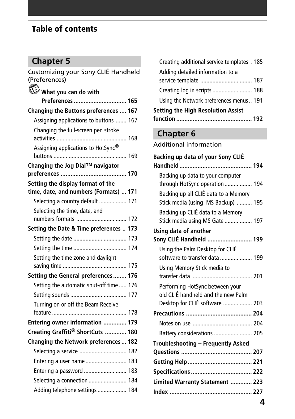 4table of contents chapter 5, Chapter 6 | Sony PEG-N760C User Manual | Page 4 / 232