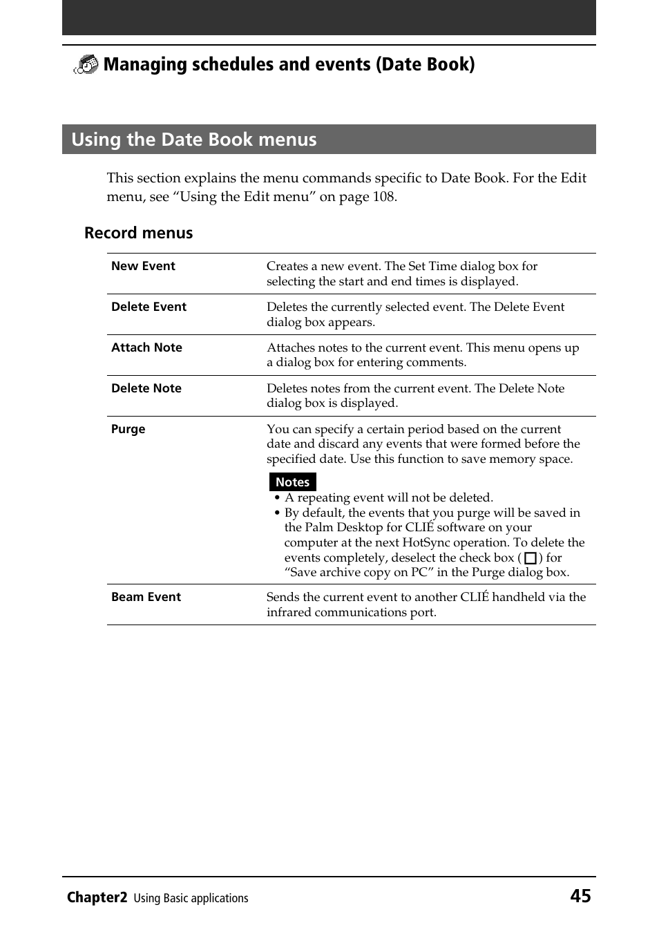 Using the date book menus, Using menus, Record menus | Sony PEG-N760C User Manual | Page 45 / 232