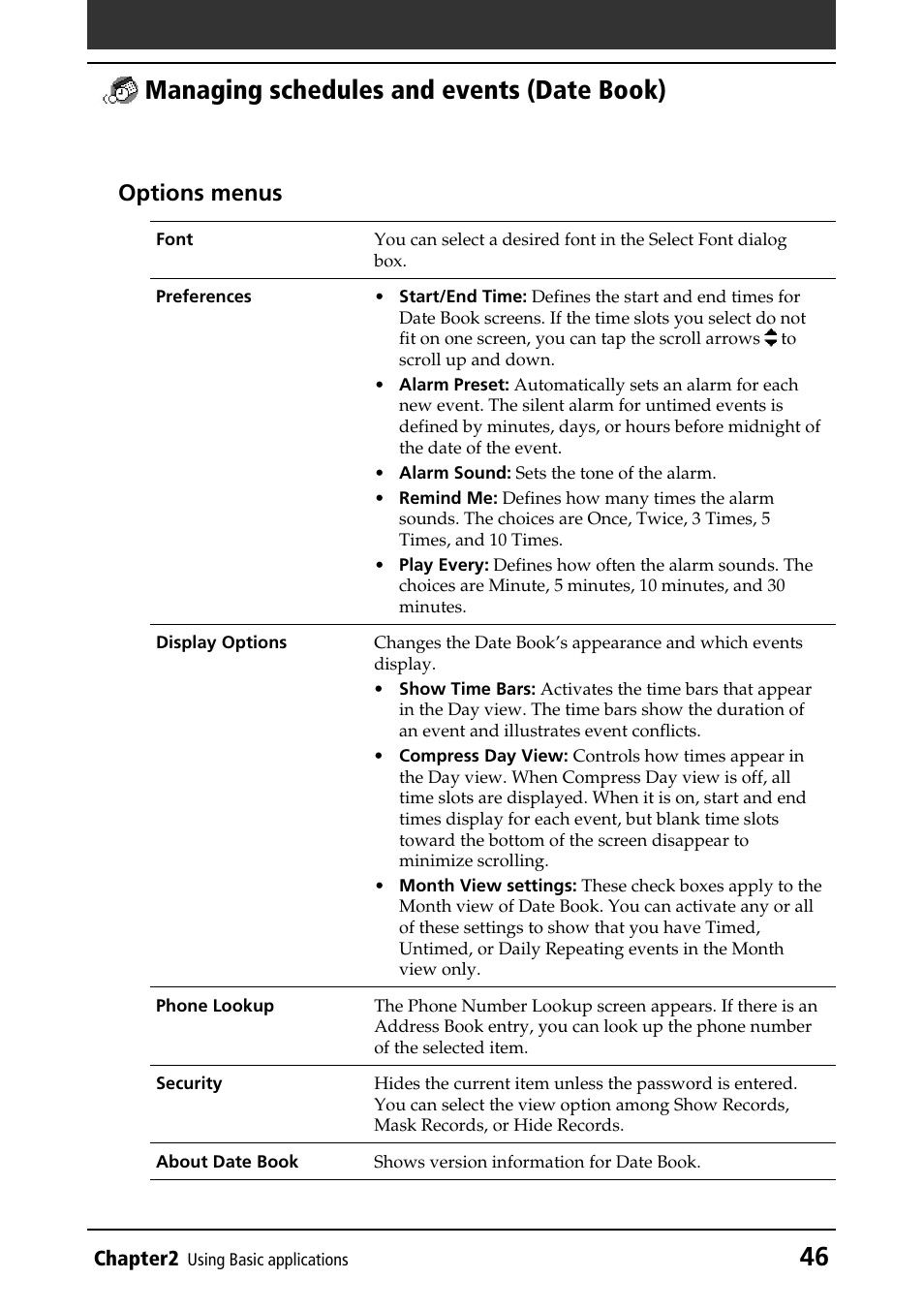 46 managing schedules and events (date book), Options menus | Sony PEG-N760C User Manual | Page 46 / 232