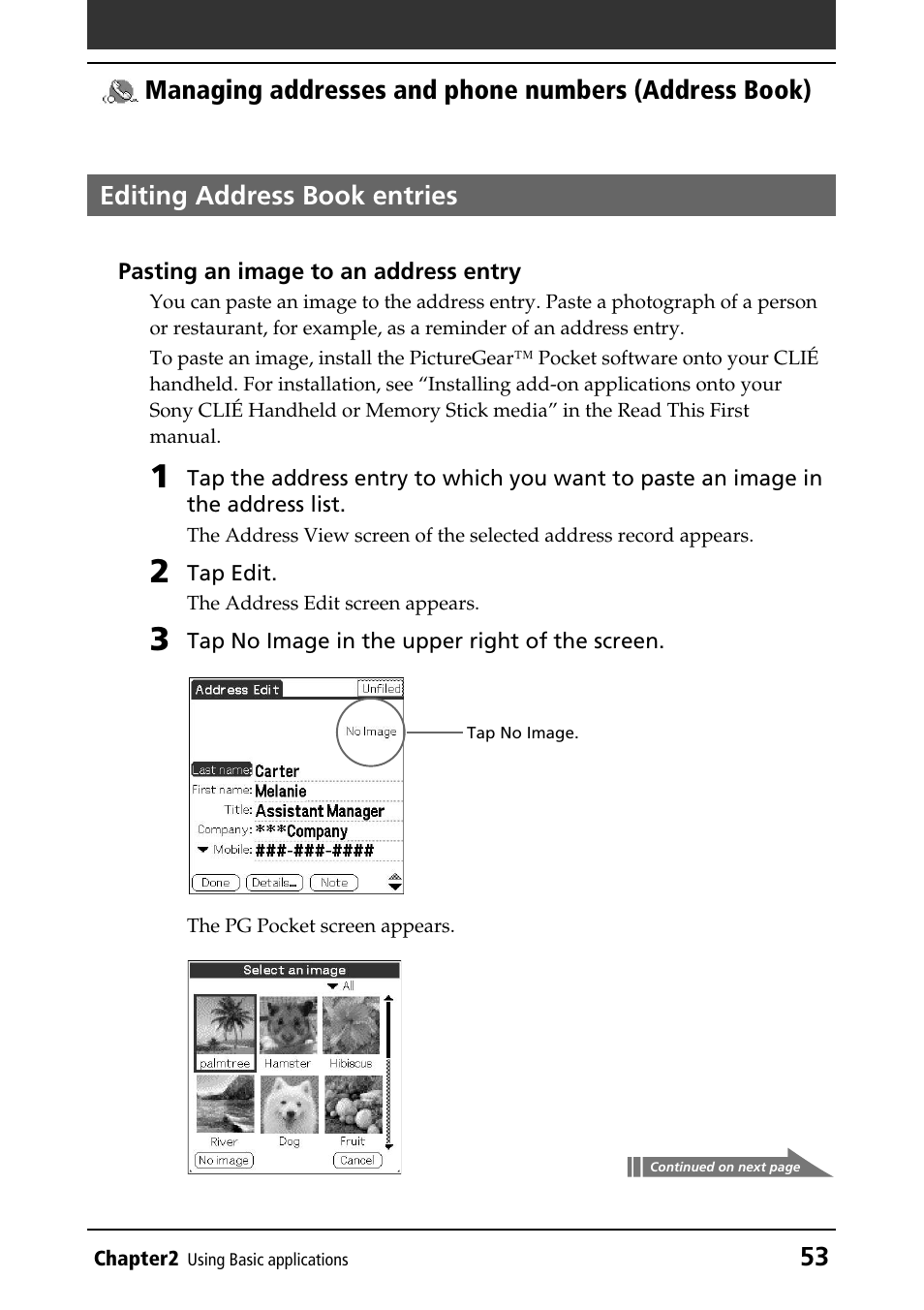 Editing address book entries, Editing, Pasting an image | Sony PEG-N760C User Manual | Page 53 / 232