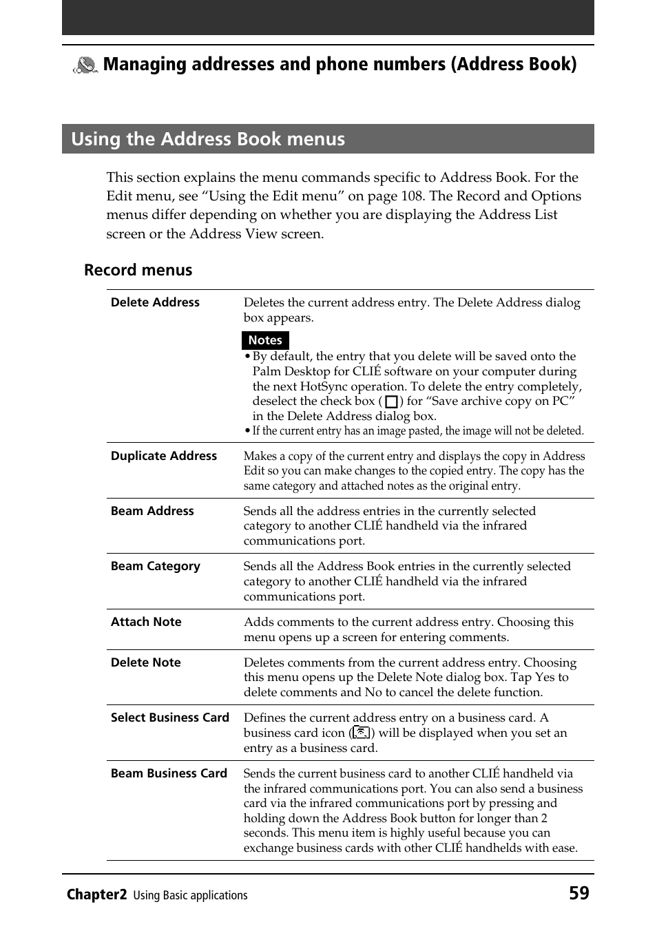 Using the address book menus, Using menus, Record menus | Sony PEG-N760C User Manual | Page 59 / 232