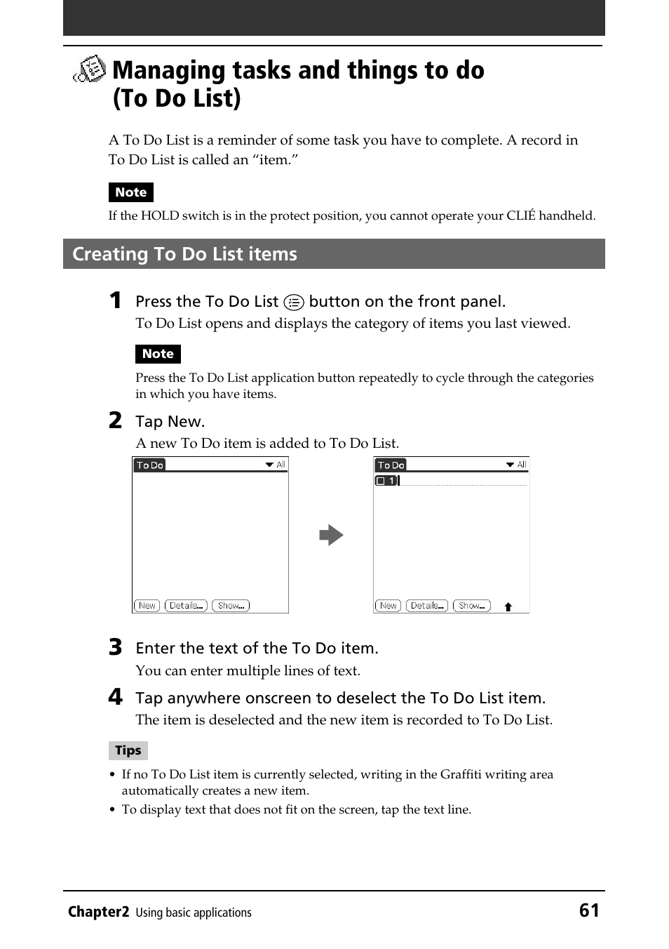 Managing tasks and things to do (to do list), Creating to do list items, To do list | Creating items | Sony PEG-N760C User Manual | Page 61 / 232