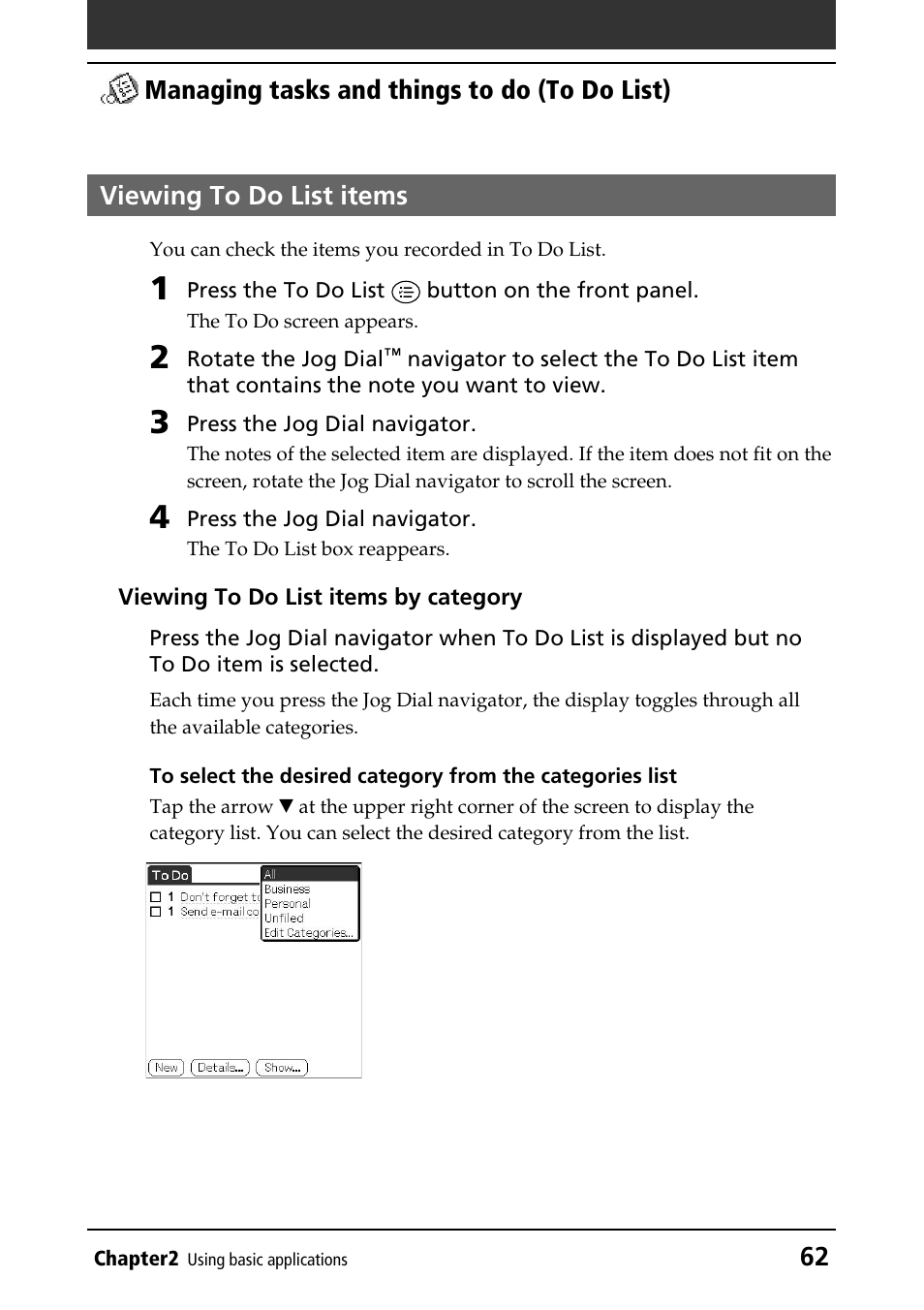 Viewing to do list items, Viewing items | Sony PEG-N760C User Manual | Page 62 / 232