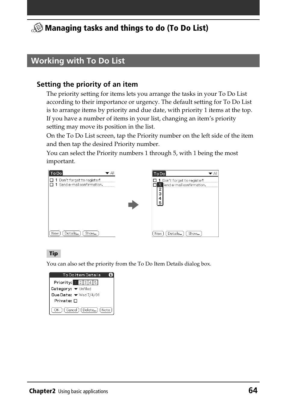 Working with to do list, Priorities, Setting priorities | Sony PEG-N760C User Manual | Page 64 / 232