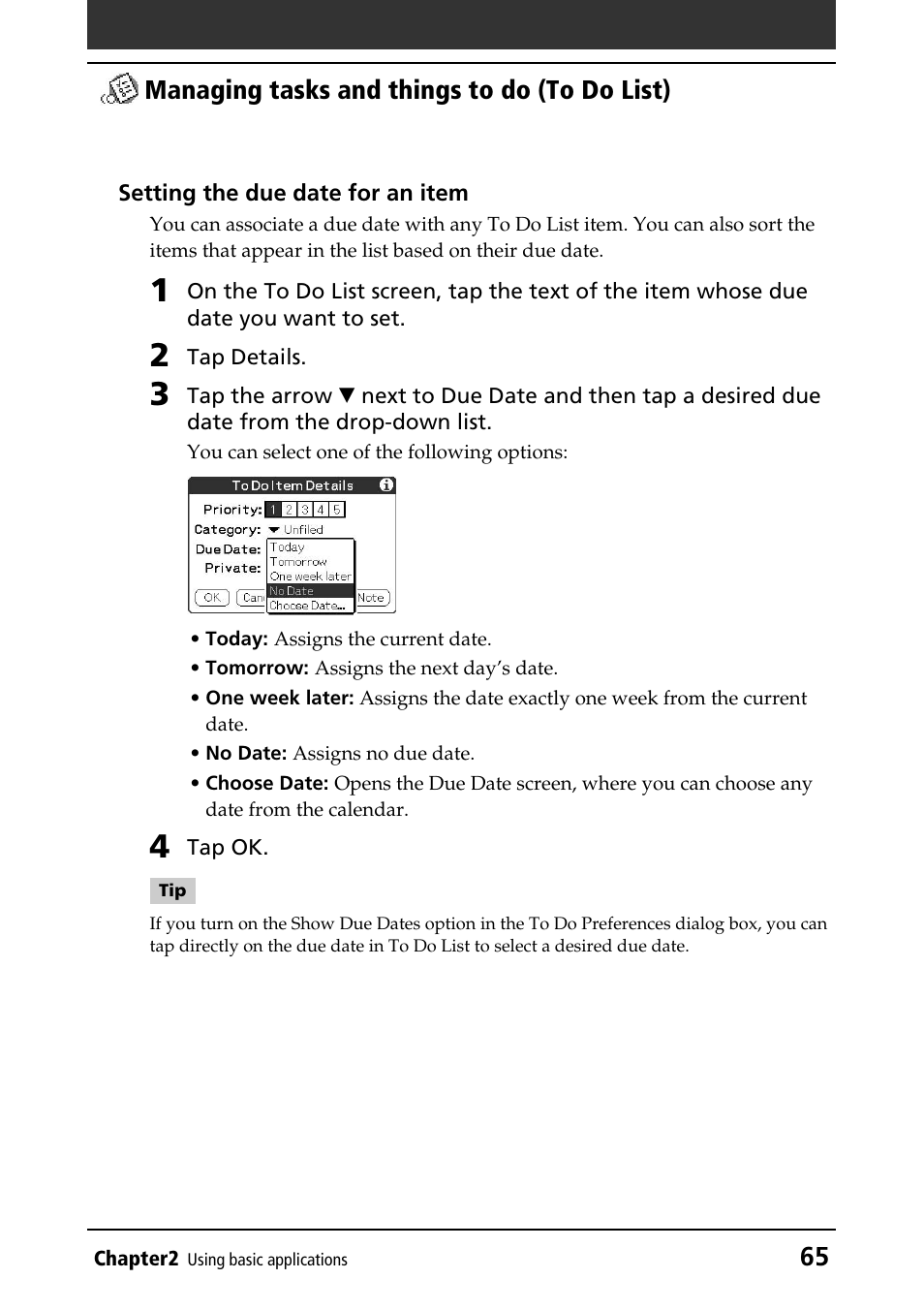 Setting the due data | Sony PEG-N760C User Manual | Page 65 / 232