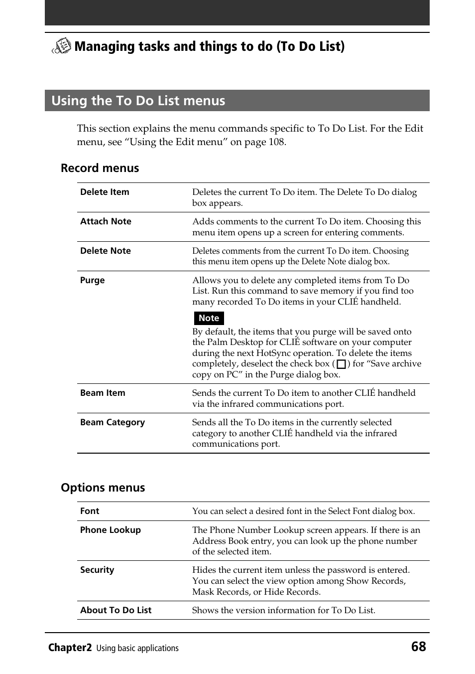 Using the to do list menus, Using menus, Record menus | Options menus | Sony PEG-N760C User Manual | Page 68 / 232