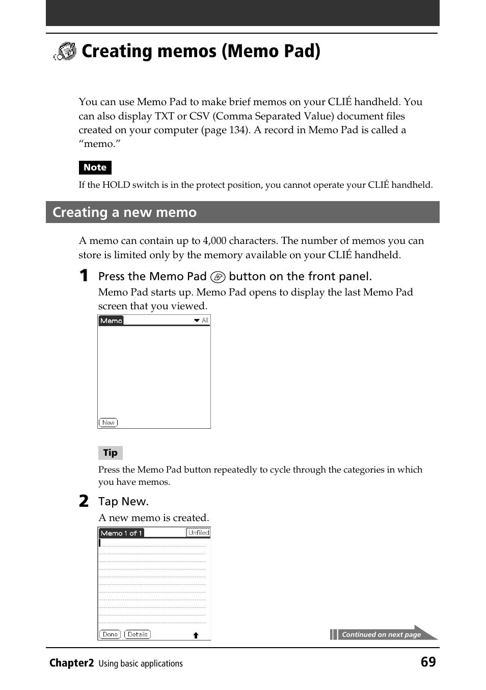 Creating memos (memo pad), Creating a new memo, Creating new memos | Memo pad | Sony PEG-N760C User Manual | Page 69 / 232