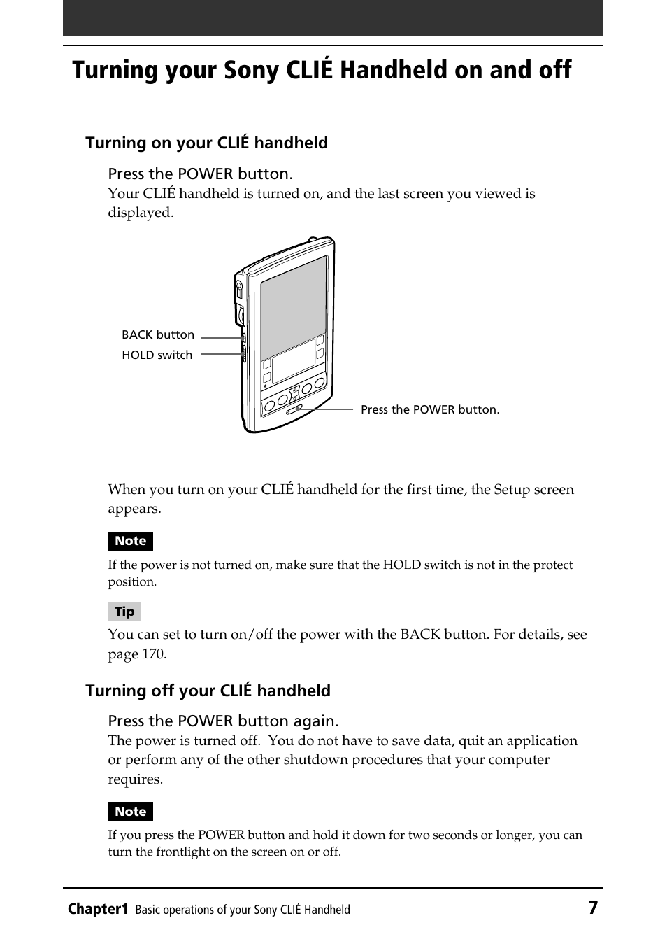 Turning your sony clié handheld on and off, Back button, Hold switch | Power button, Turning your clié handheld on and off | Sony PEG-N760C User Manual | Page 7 / 232