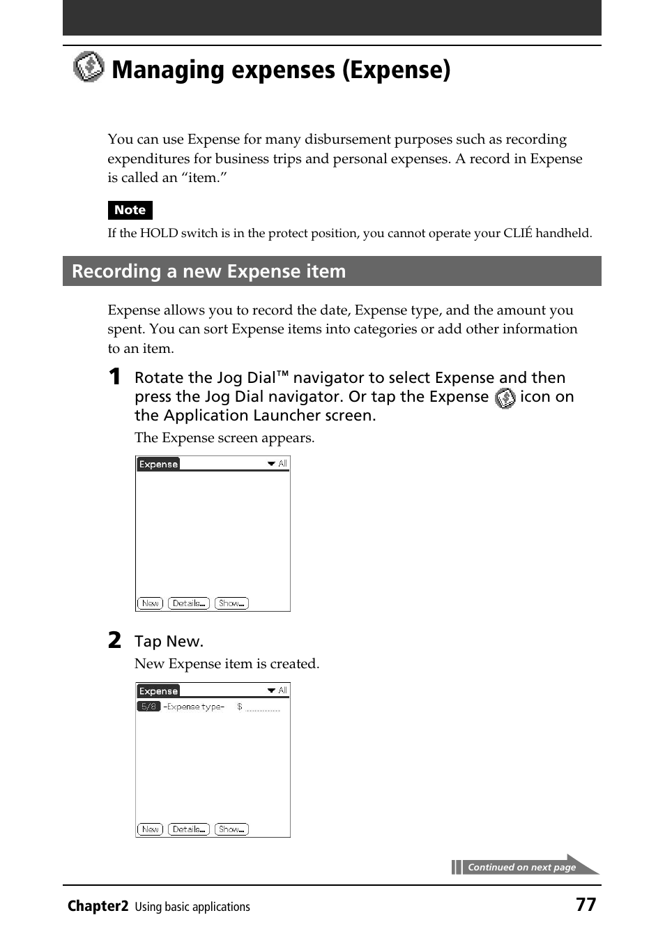 Managing expenses (expense), Recording a new expense item, Recording a new item | Expense | Sony PEG-N760C User Manual | Page 77 / 232