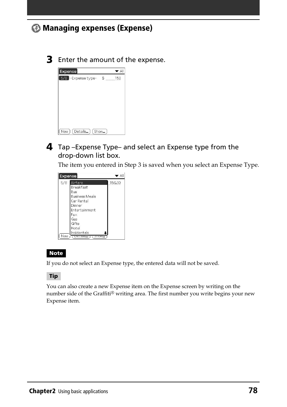 78 managing expenses (expense) | Sony PEG-N760C User Manual | Page 78 / 232