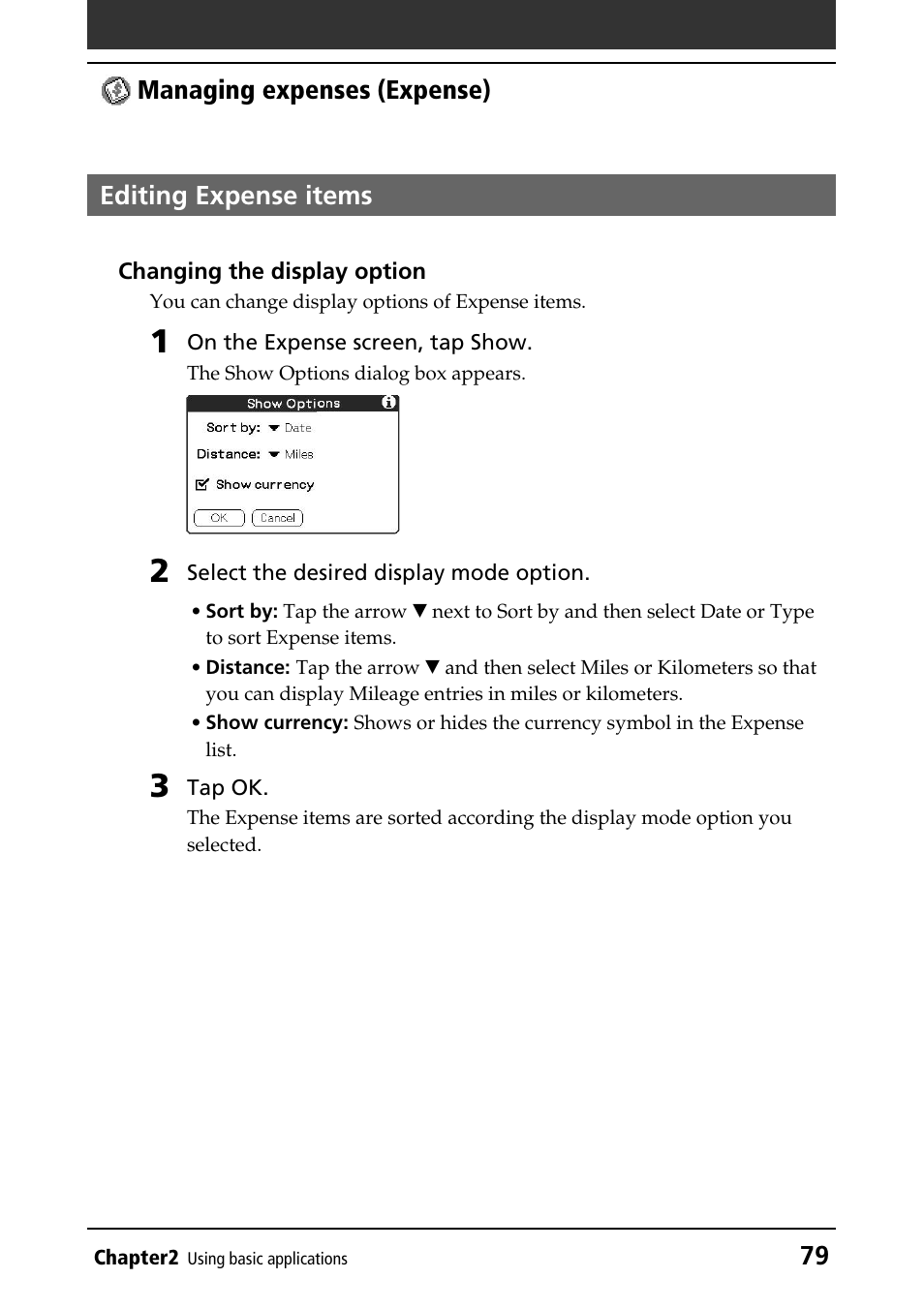 Editing expense items, Editing items | Sony PEG-N760C User Manual | Page 79 / 232