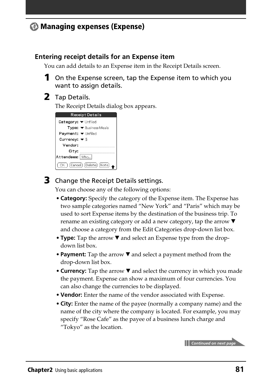 81 managing expenses (expense) | Sony PEG-N760C User Manual | Page 81 / 232