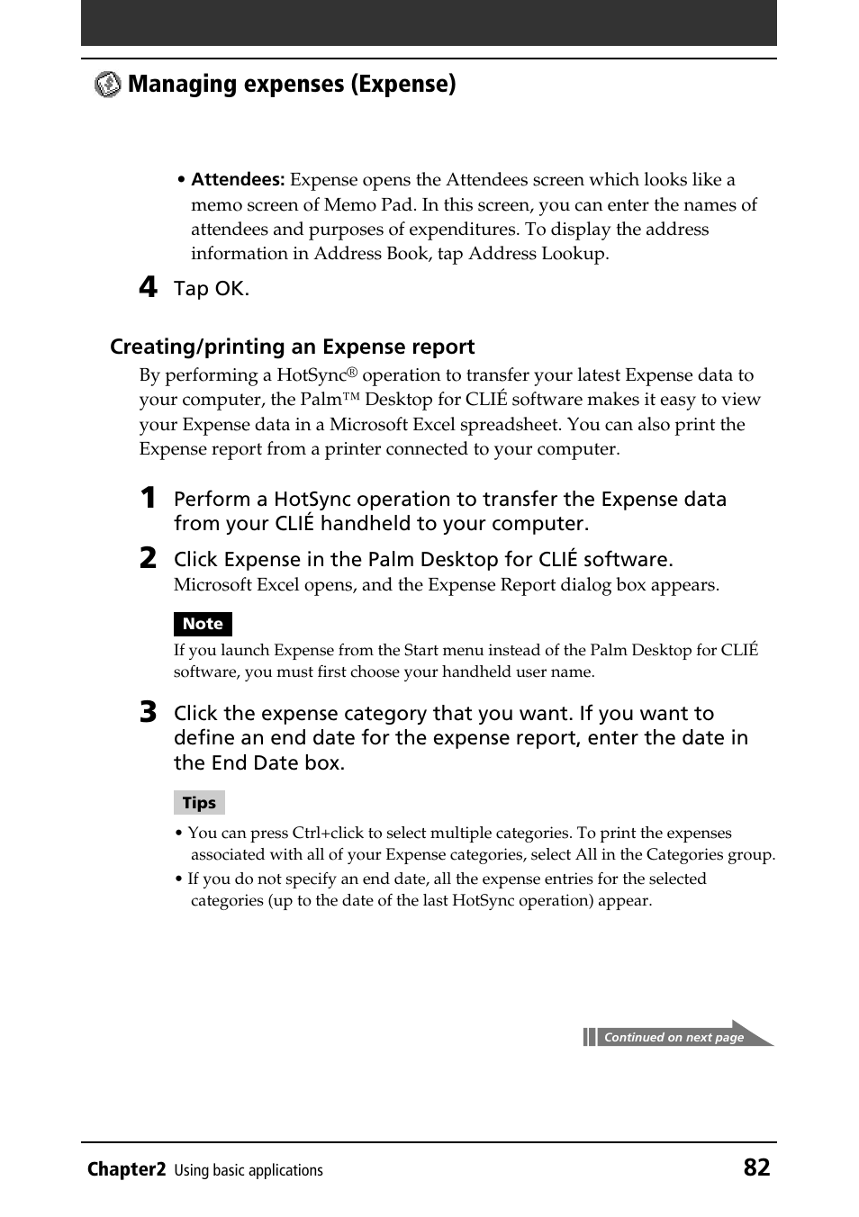 Creating/printing an expense report, 82 managing expenses (expense) | Sony PEG-N760C User Manual | Page 82 / 232
