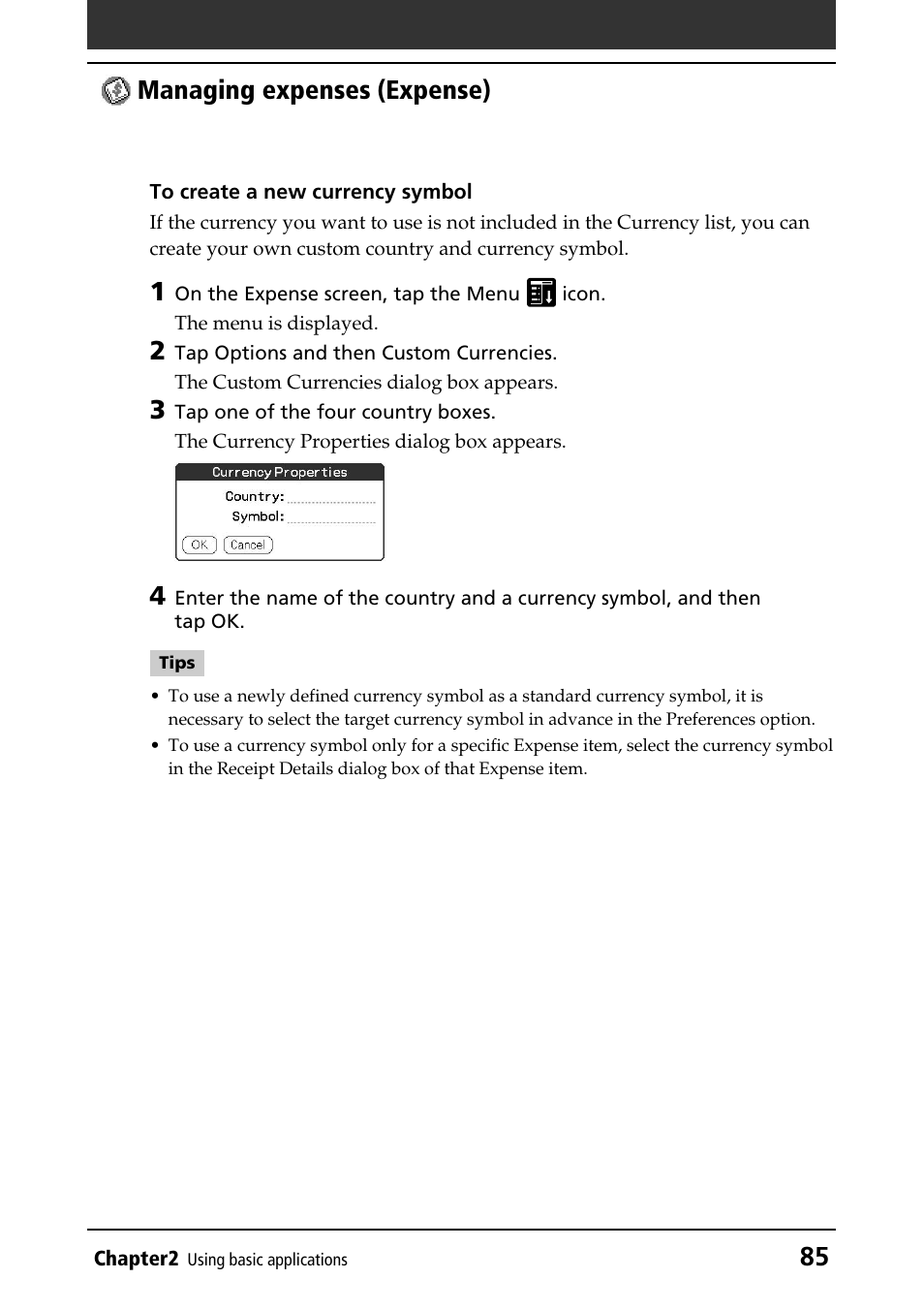 New currency symbol, 85 managing expenses (expense) | Sony PEG-N760C User Manual | Page 85 / 232