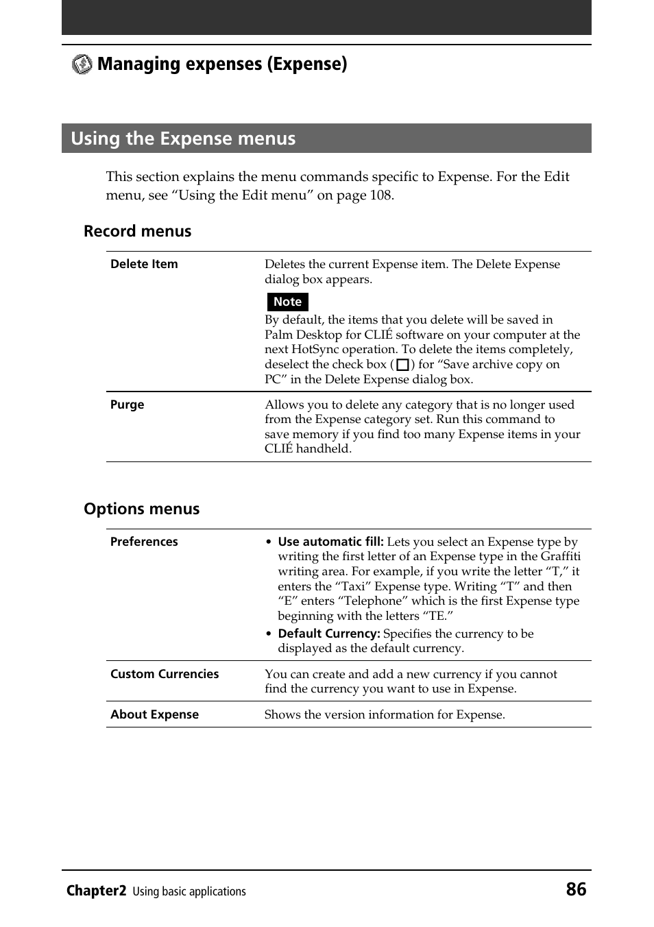 Using the expense menus, Using menus | Sony PEG-N760C User Manual | Page 86 / 232