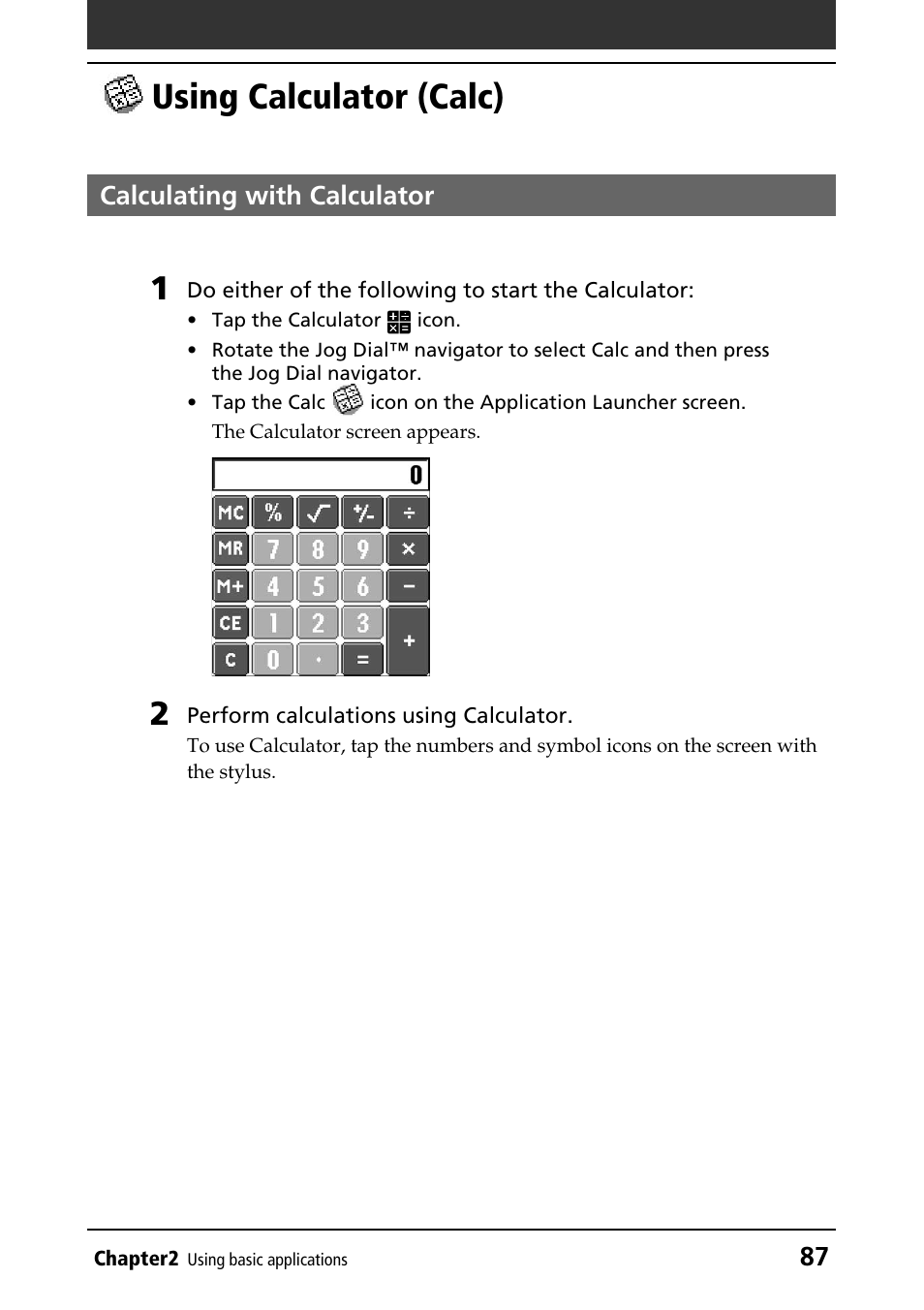 Using calculator (calc), Calculating with calculator, Using calculator | Calc (calculator) | Sony PEG-N760C User Manual | Page 87 / 232