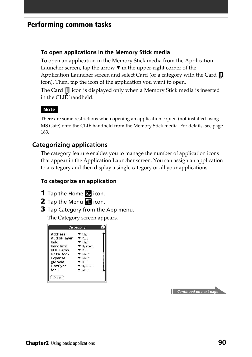 Categorizing, Starting an application in memory stick media, Categorizing applications | 90 performing common tasks | Sony PEG-N760C User Manual | Page 90 / 232