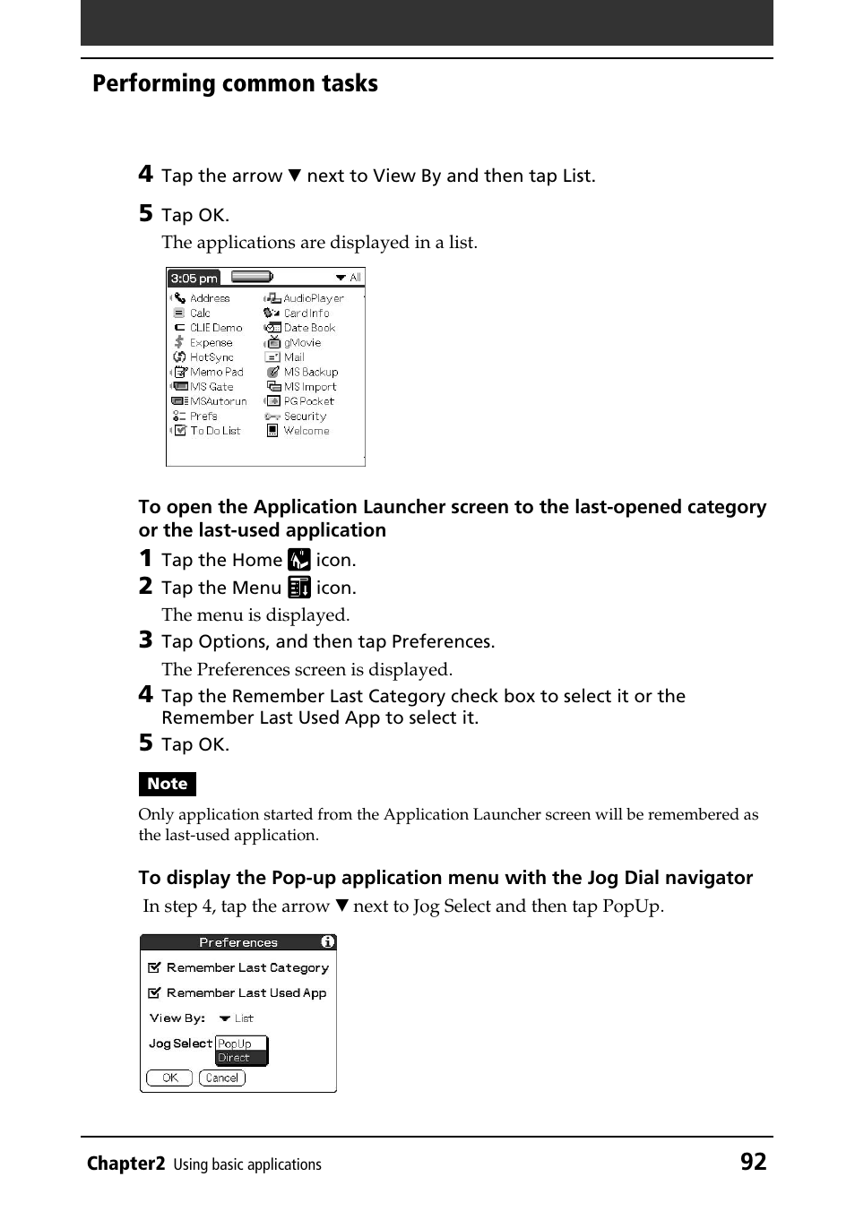 Displaying the pop-up application menu, 92 performing common tasks 4 | Sony PEG-N760C User Manual | Page 92 / 232