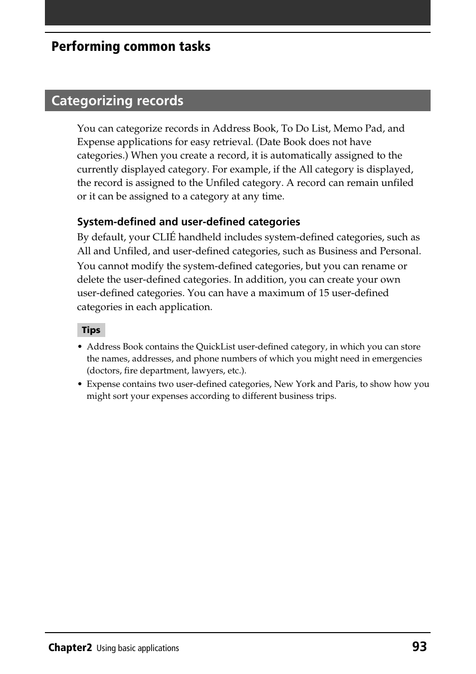 Categorizing records, 93 performing common tasks categorizing records | Sony PEG-N760C User Manual | Page 93 / 232