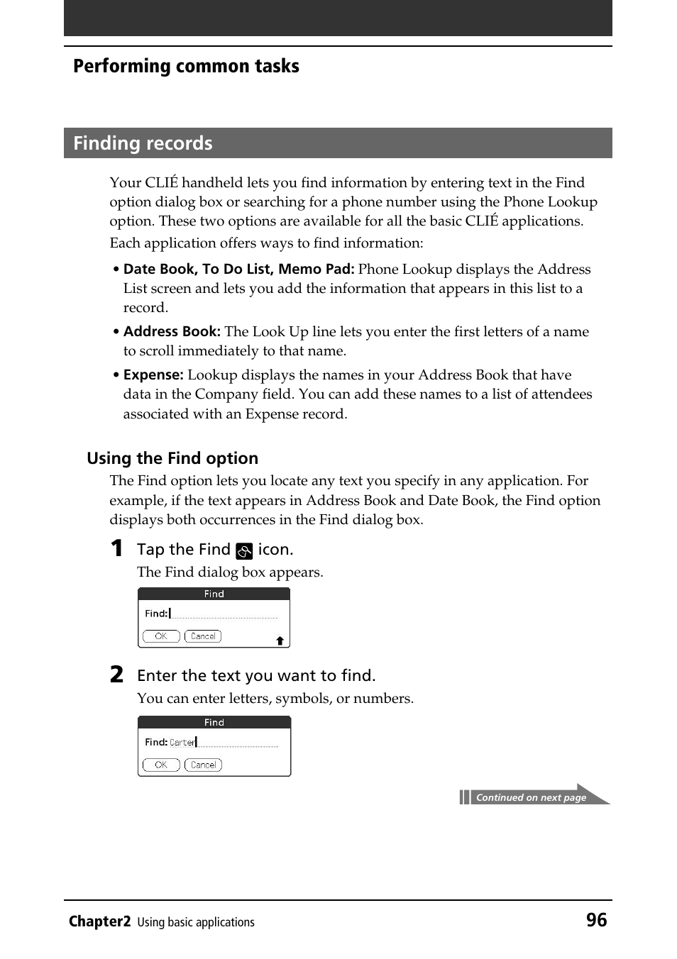 Finding records, Find option, 96 performing common tasks finding records | Sony PEG-N760C User Manual | Page 96 / 232