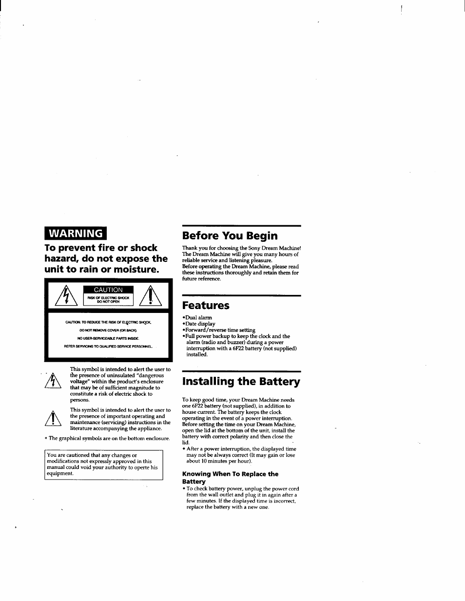 Knowing when to replace the battery, Before you begin, Features | Installing the battery, Warning | Sony ICF-C390 User Manual | Page 2 / 9