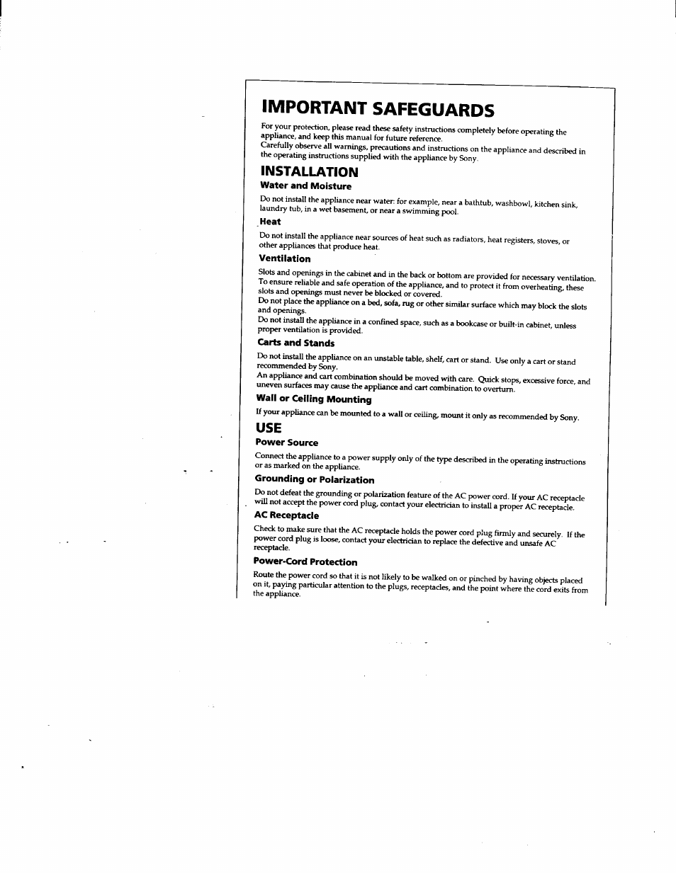 Water and moisture, Heat, Ventilation | Carts and stands, Wall or ceiling mounting, Power source, Grounding or polarization, Ac receptacle, Power-cord protection, Important safeguards | Sony ICF-C390 User Manual | Page 3 / 9