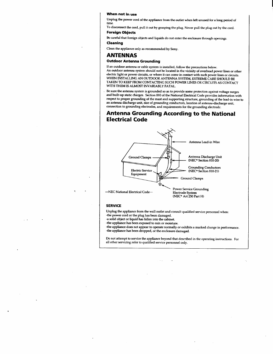 When not in use, Foreign objects, Cleaning | Outdoor antenna grounding, Service, Antennas | Sony ICF-C390 User Manual | Page 4 / 9