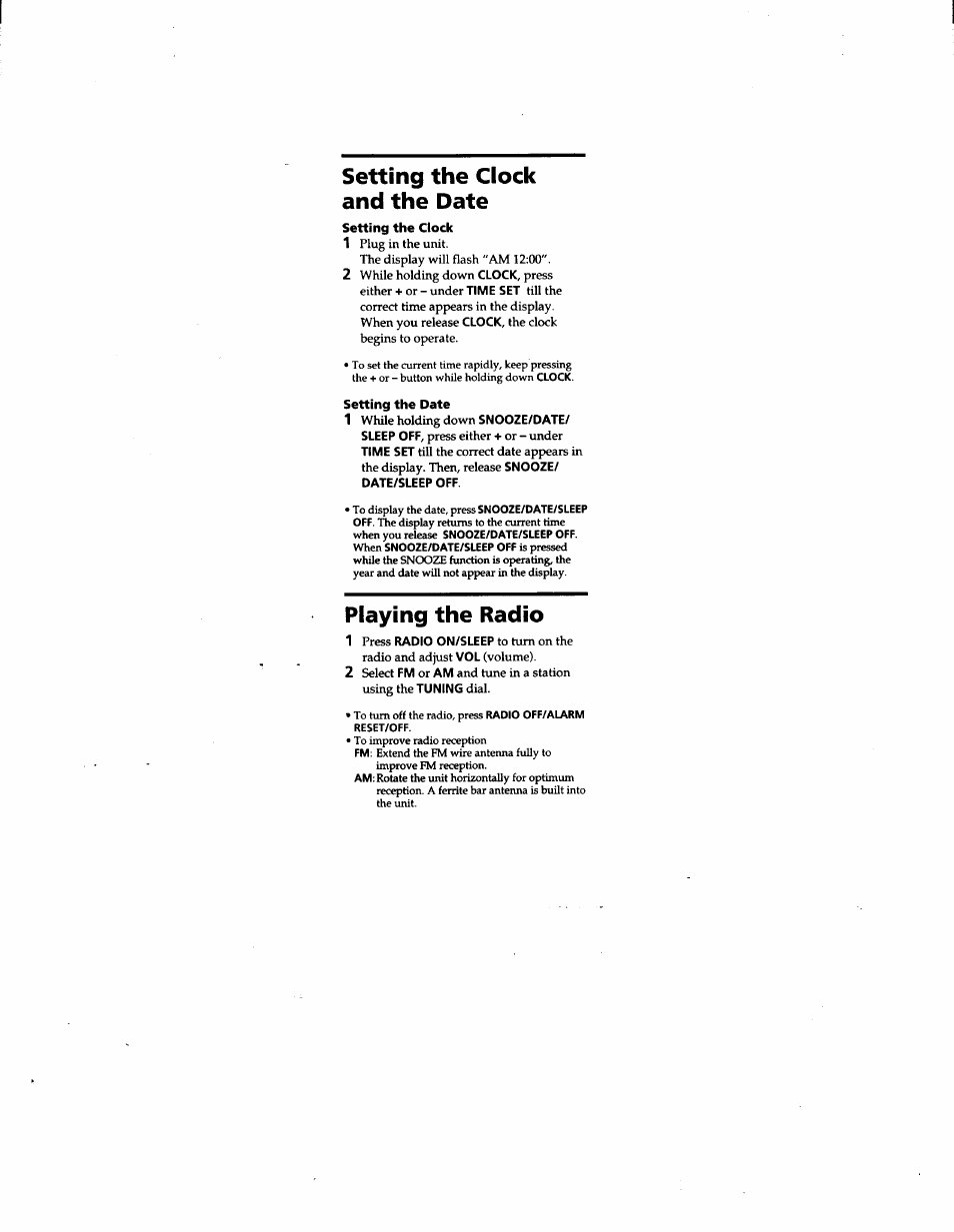 Setting the clock, Setting the date, Setting the clock and the date | Playing the radio | Sony ICF-C390 User Manual | Page 6 / 9