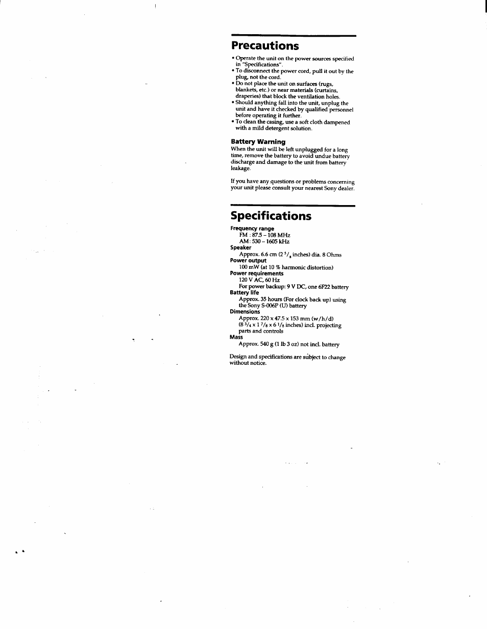 Battery warning, Precautions, Specifications | Sony ICF-C390 User Manual | Page 8 / 9