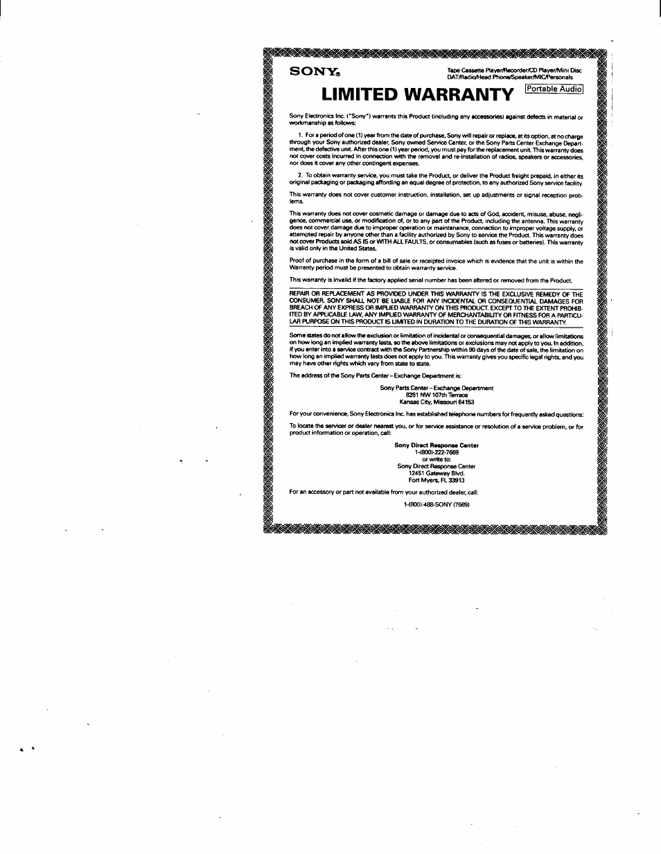 Limited warranty, Sony | Sony ICF-C390 User Manual | Page 9 / 9