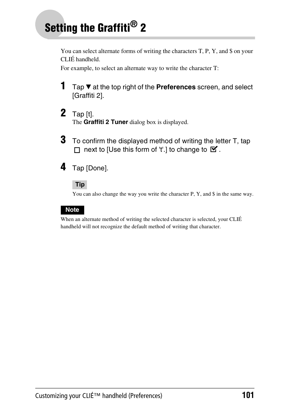 Setting the graffiti® 2, Setting the graffiti | Sony PEG-TH55 User Manual | Page 101 / 231