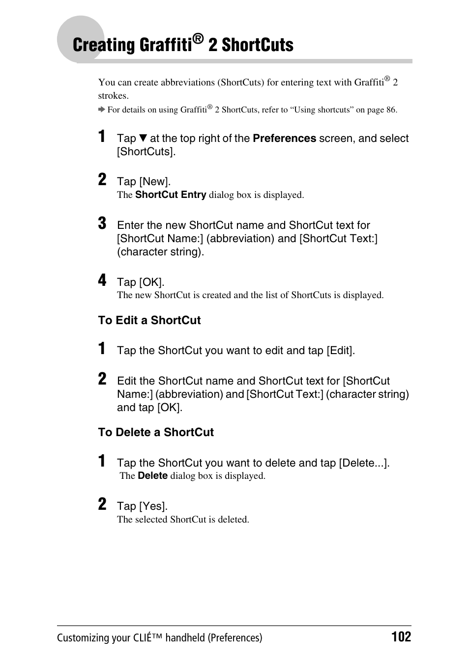 Creating graffiti® 2 shortcuts, Creating graffiti, 2 shortcuts | Sony PEG-TH55 User Manual | Page 102 / 231