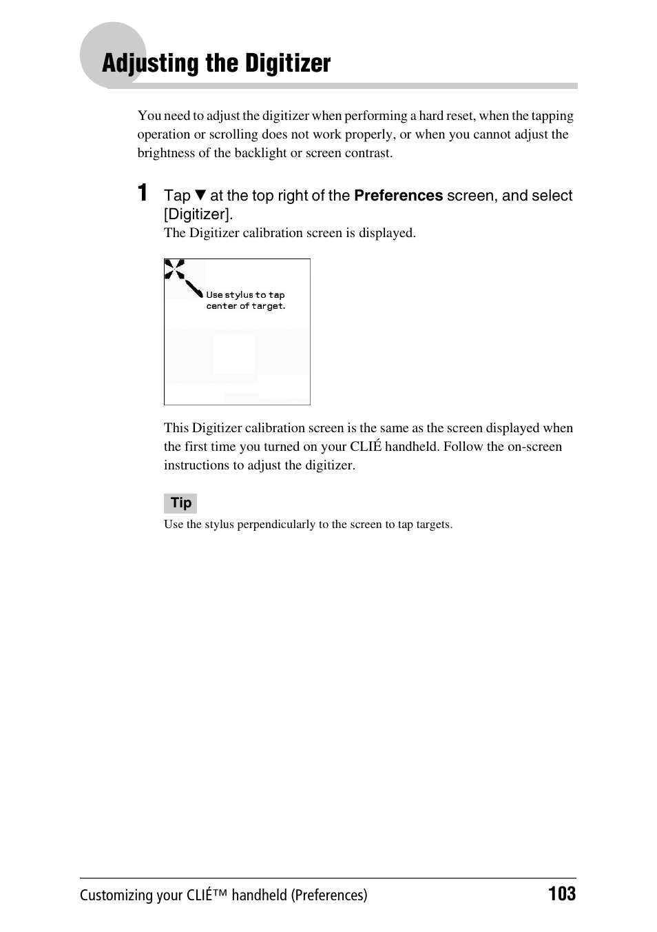 Adjusting the digitizer | Sony PEG-TH55 User Manual | Page 103 / 231