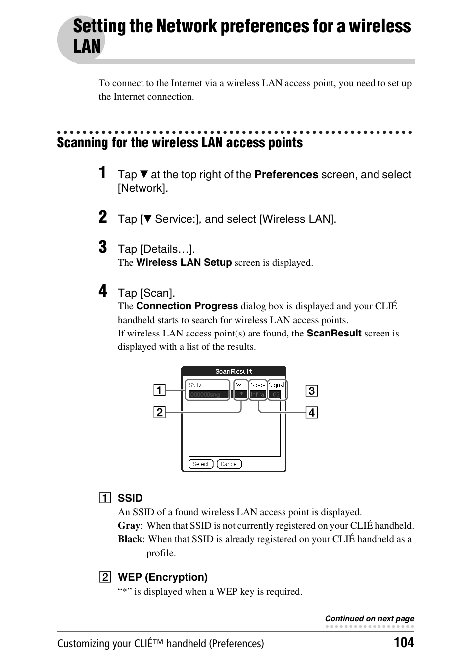 Setting the network preferences for a wireless lan, Scanning for the wireless lan access points, Setting the network preferences for | A wireless lan | Sony PEG-TH55 User Manual | Page 104 / 231