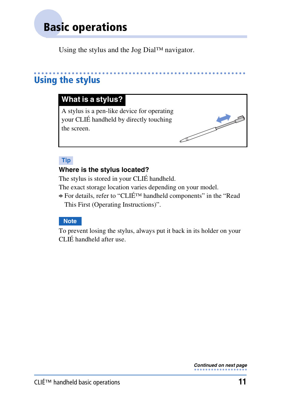 Basic operations, Using the stylus | Sony PEG-TH55 User Manual | Page 11 / 231