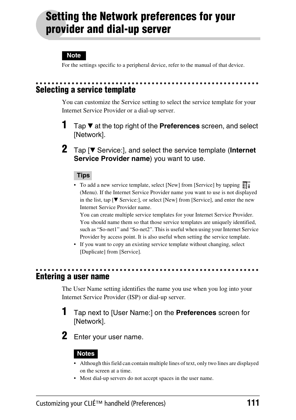 Selecting a service template, Entering a user name, Selecting a service template entering a user name | Setting the network preferences for, Your provider and dial-up server | Sony PEG-TH55 User Manual | Page 111 / 231