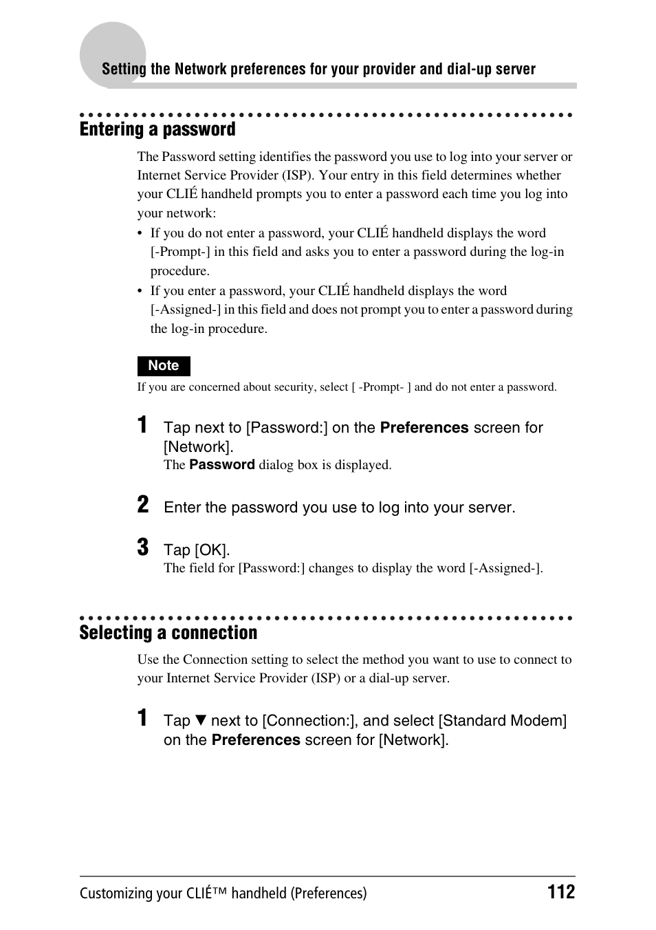 Entering a password, Selecting a connection, Entering a password selecting a connection | Sony PEG-TH55 User Manual | Page 112 / 231