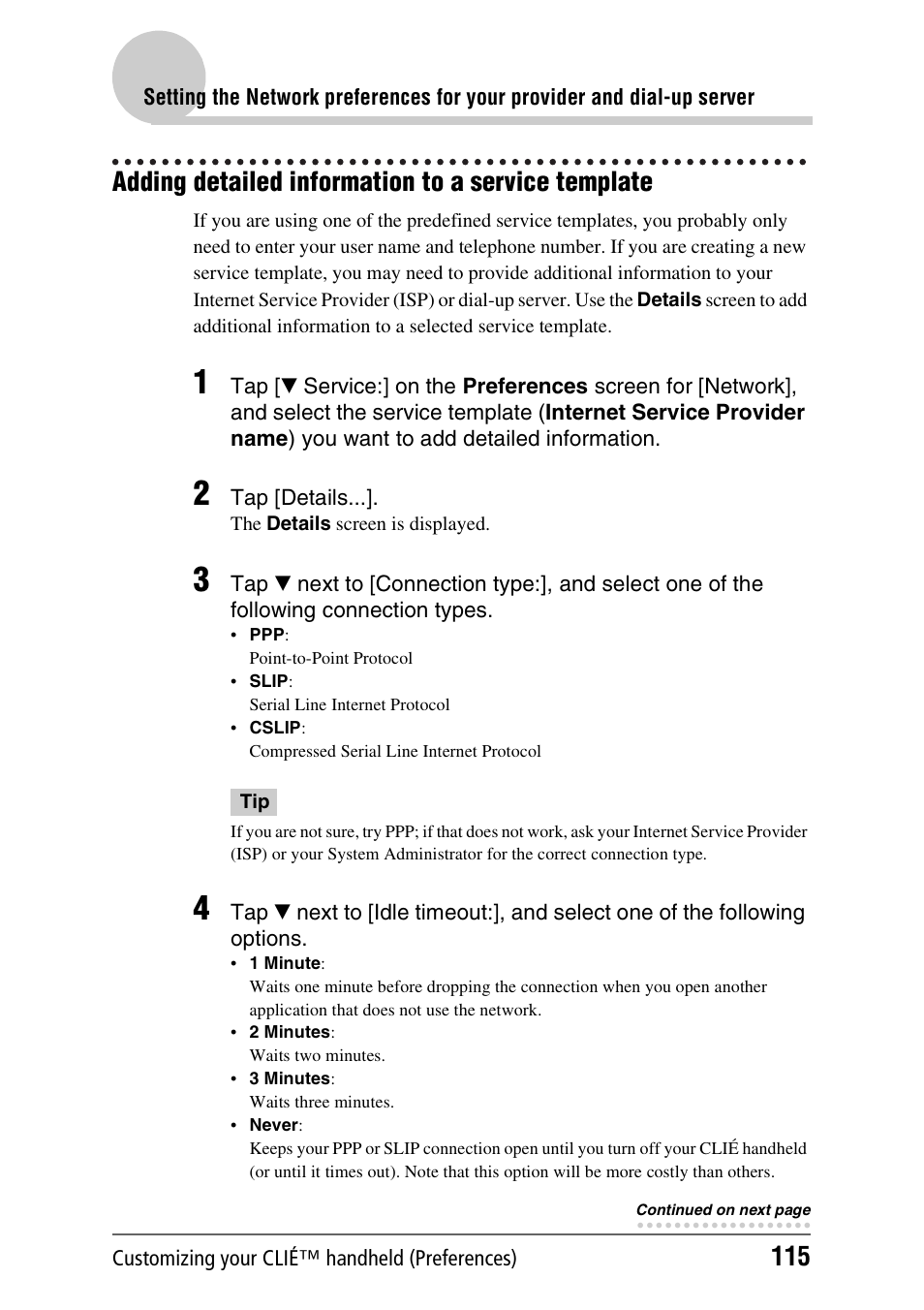 Adding detailed information to a service template | Sony PEG-TH55 User Manual | Page 115 / 231