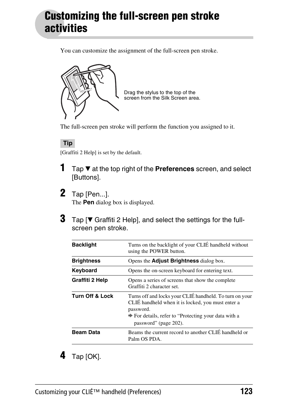 Customizing the full-screen pen stroke activities, Customizing the full-screen pen stroke, Activities | Sony PEG-TH55 User Manual | Page 123 / 231