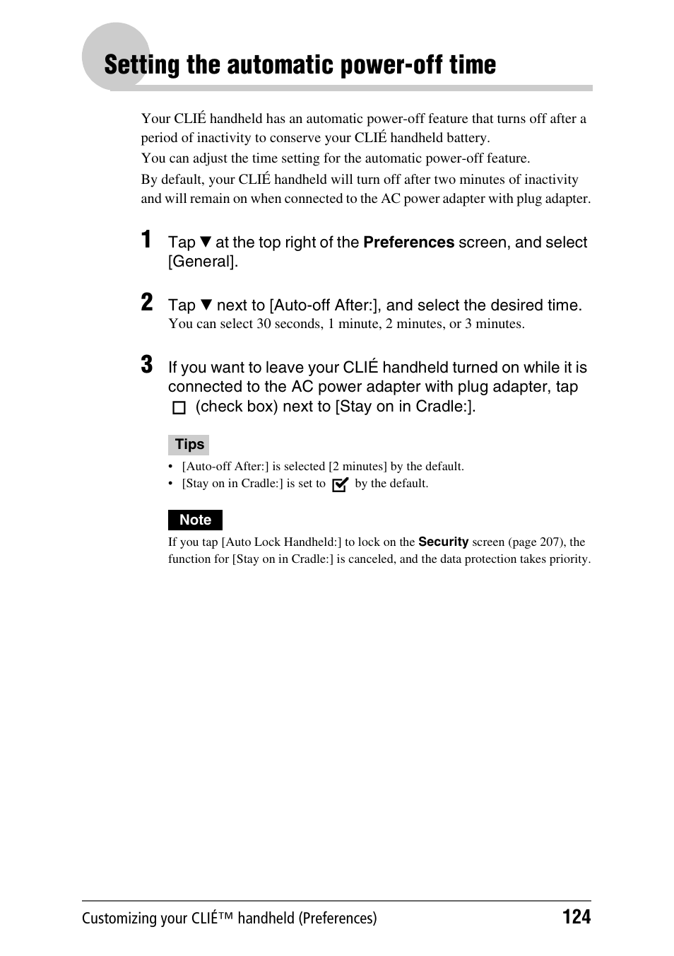 Setting the automatic power-off time | Sony PEG-TH55 User Manual | Page 124 / 231