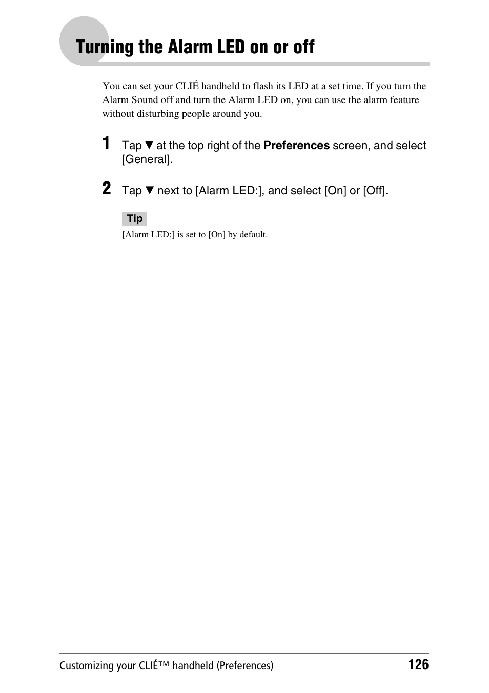 Turning the alarm led on or off | Sony PEG-TH55 User Manual | Page 126 / 231