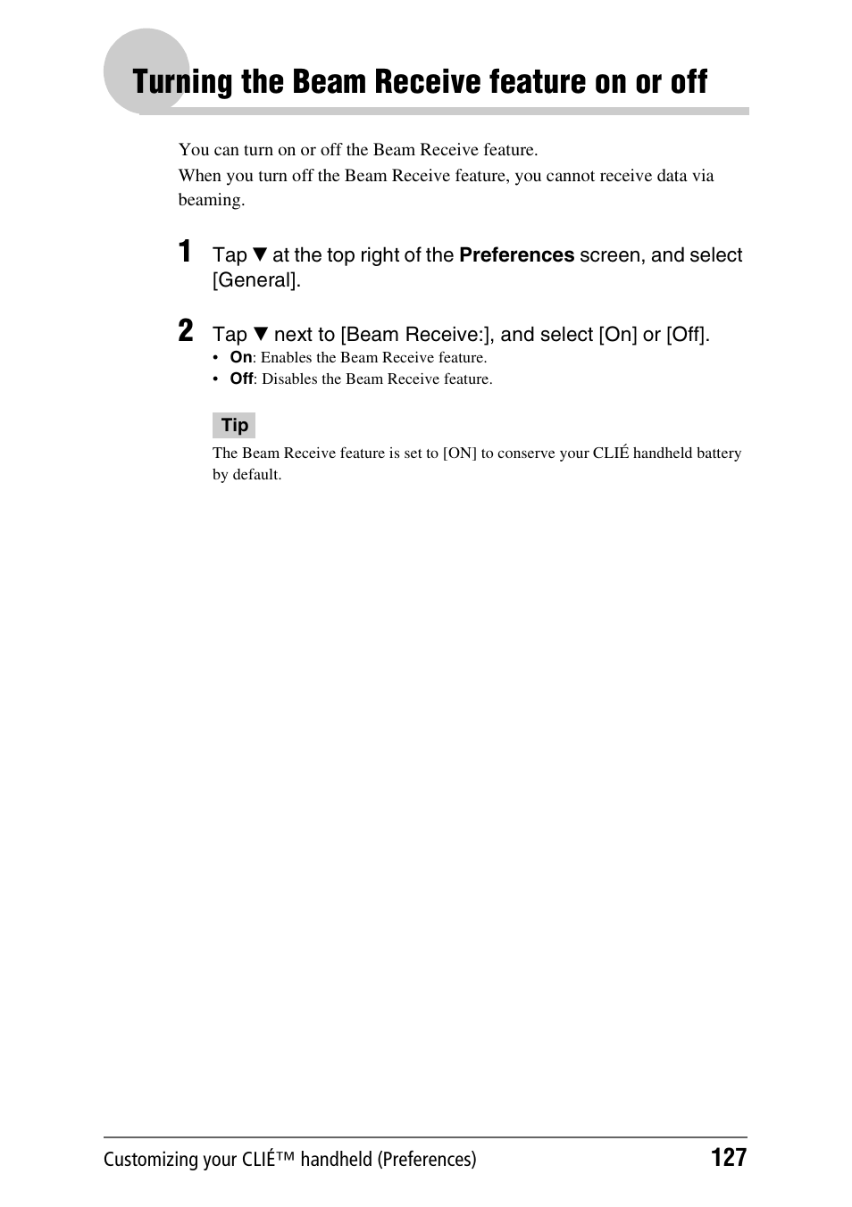 Turning the beam receive feature on or off | Sony PEG-TH55 User Manual | Page 127 / 231