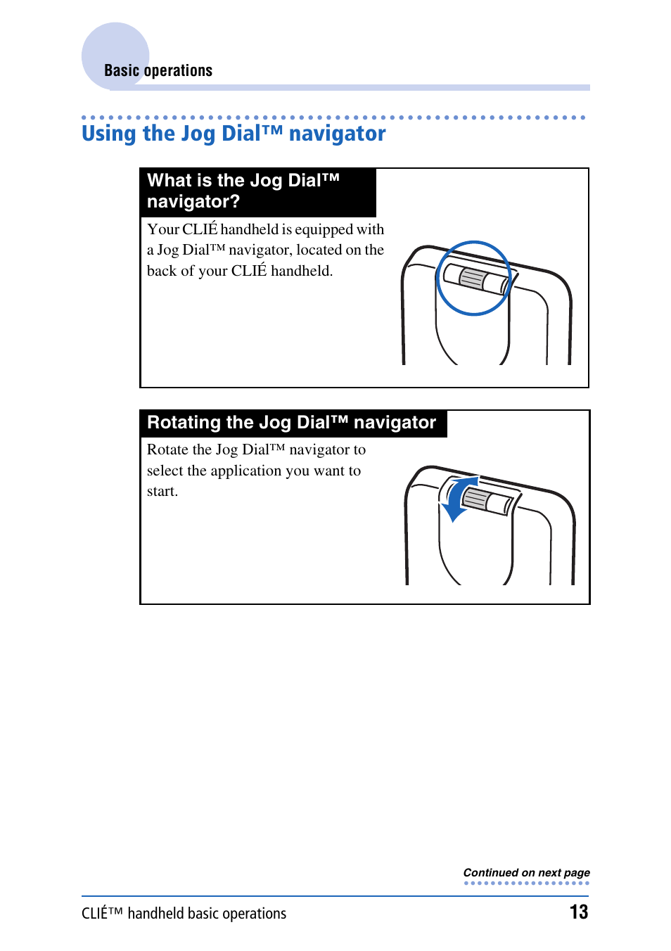 Using the jog dial™ navigator | Sony PEG-TH55 User Manual | Page 13 / 231