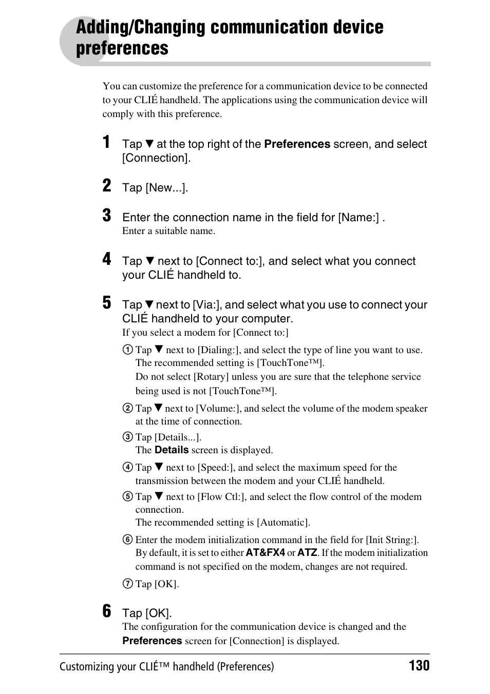 Adding/changing communication device preferences, Adding/changing communication device, Preferences | Sony PEG-TH55 User Manual | Page 130 / 231