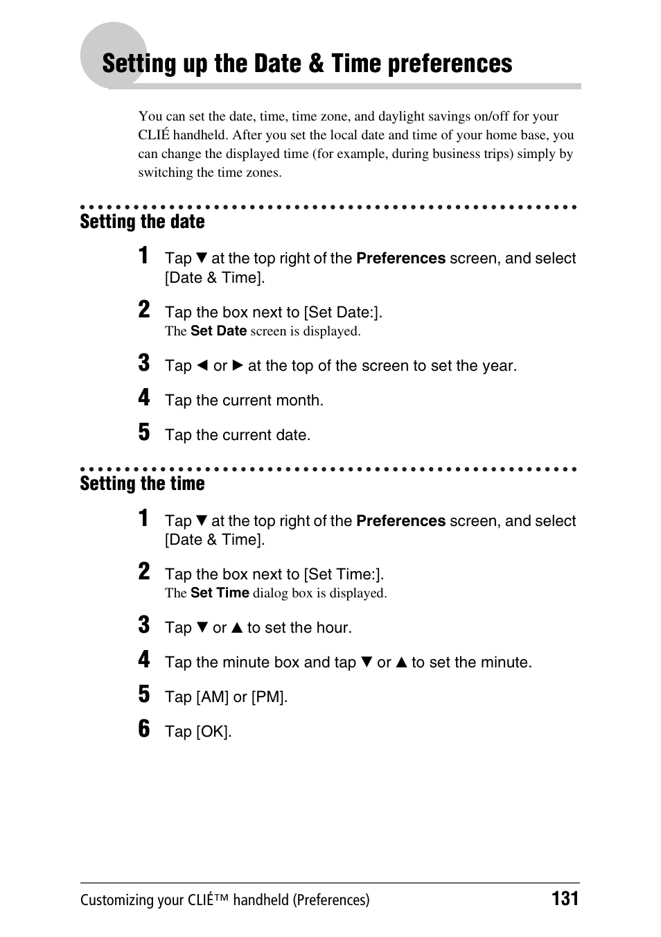 Setting up the date & time preferences, Setting the date, Setting the time | Setting the date setting the time | Sony PEG-TH55 User Manual | Page 131 / 231