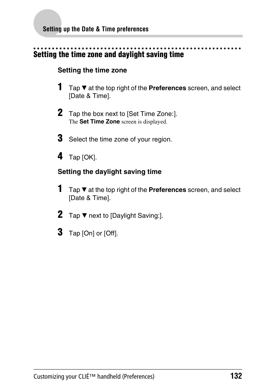 Setting the time zone and daylight saving time | Sony PEG-TH55 User Manual | Page 132 / 231