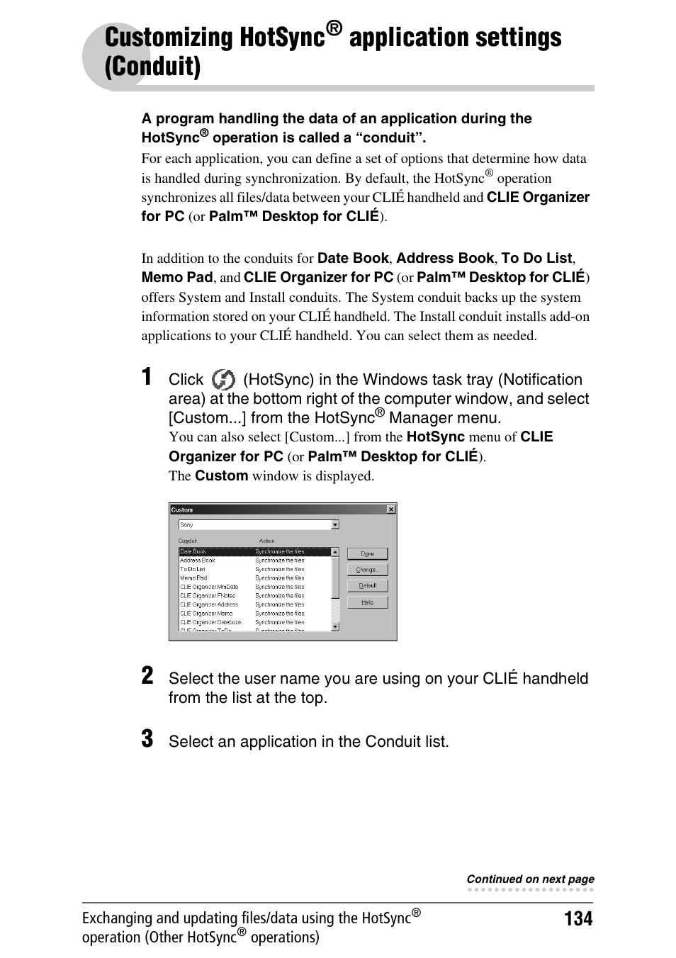Customizing hotsync, Application, Settings (conduit) | Application settings, Conduit), Application settings (conduit) | Sony PEG-TH55 User Manual | Page 134 / 231