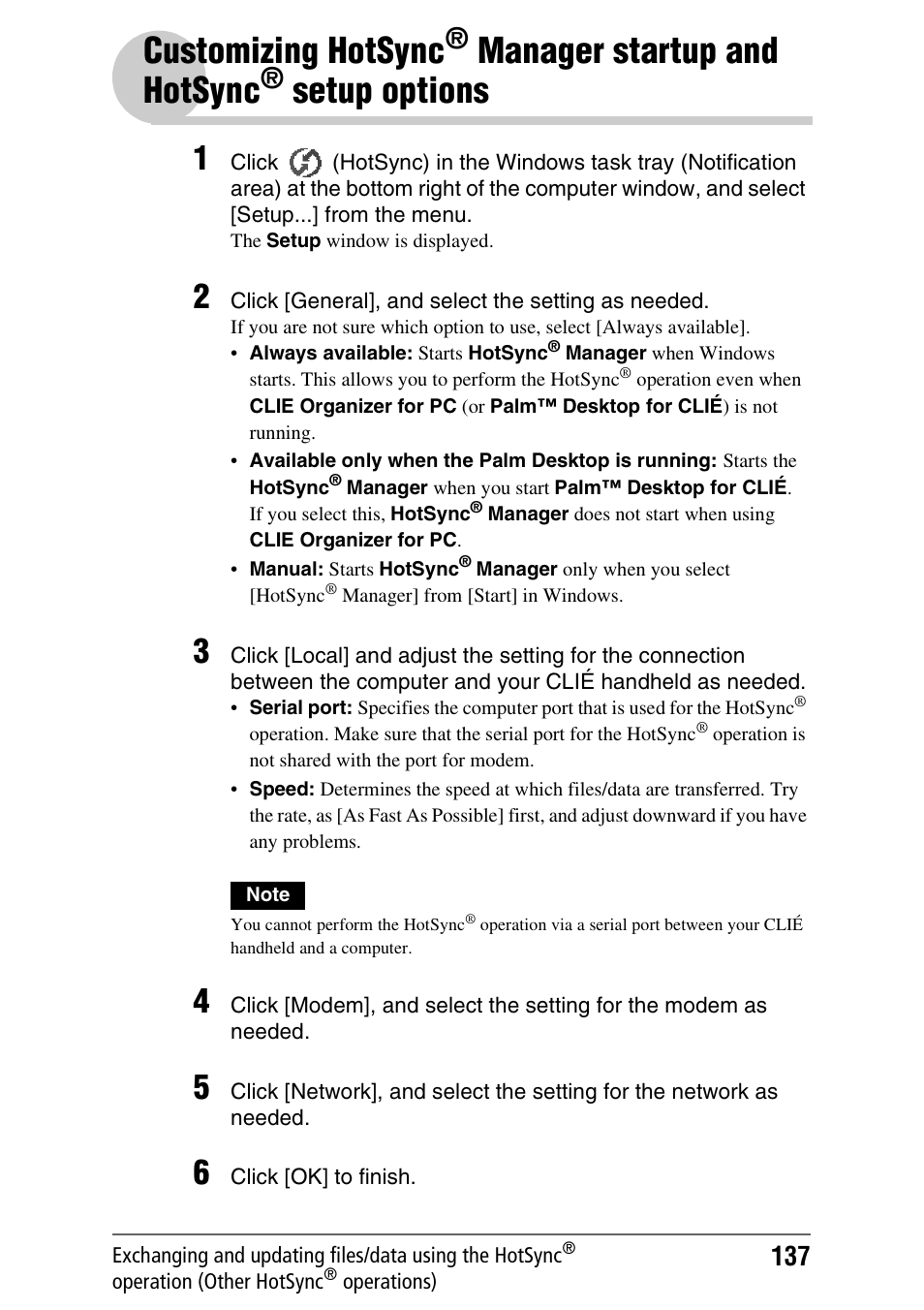 Customizing hotsync, Manager, Startup and hotsync | Setup, Options, Manager startup and, Hotsync, Setup options, Manager startup and hotsync | Sony PEG-TH55 User Manual | Page 137 / 231